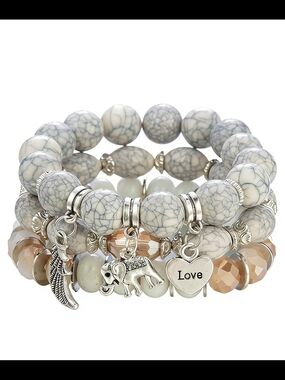 Stacked Gray Marble Bead Charm Bracelet Set - Love Elephant Wing Accent